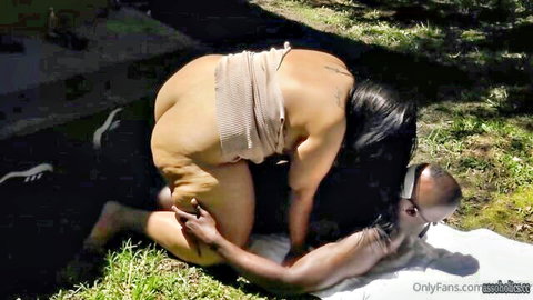 BBW Latina with massive ass spreads cheeks riding black cock outdoors in interracial fuck