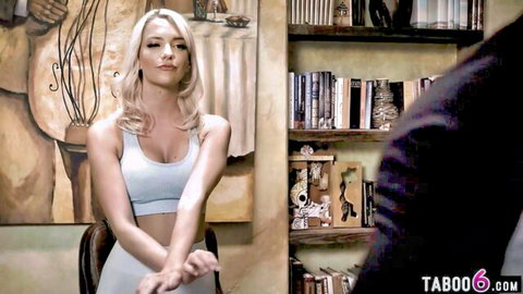 Blonde matchmaker in white tank top meets suited client