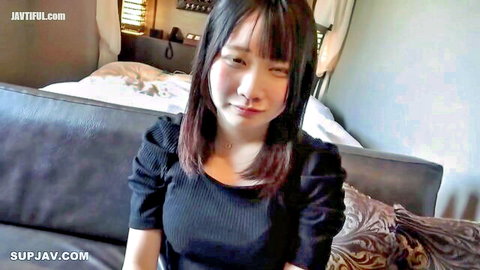 Juhachi Asian amateur model in black fitted top, smiling tease