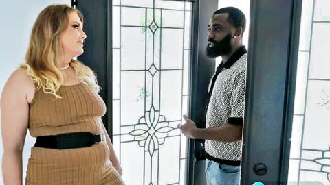 Curvy blonde MILF with big tits and fat ass in tight dress talks to black stud boyfriend at door
