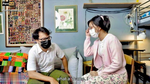Vietnamese Myanmar sister-in-law in pink cardigan chatting with masked man, amateur Asian couple