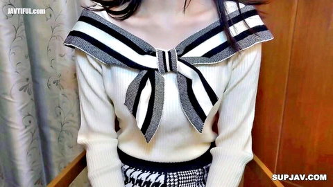 Fair-skinned slender Japanese idol in sexy sailor sweater outfit