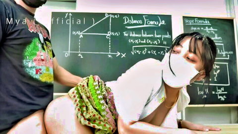 Asian big ass teacher bent over desk, skirt up, man behind her
