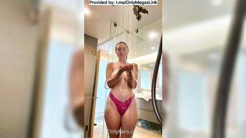 Blonde big tits teen topless in shower, wet and teasing