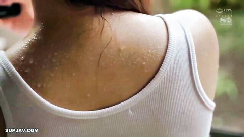 Uta Hayano wet white tank top back view, sweaty skin in SSIS251 JAV