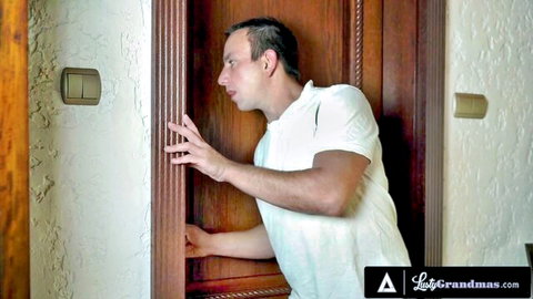 Curious man peeking through wooden door in mature granny porn preview