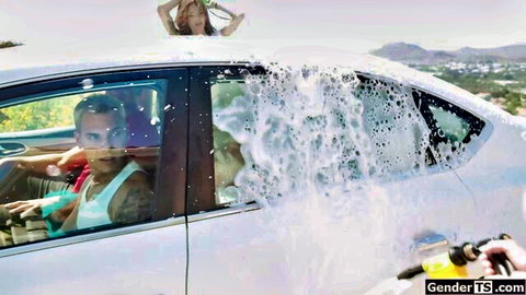 Kasey Kei Asian shemale sucking dick in carwash foam scene