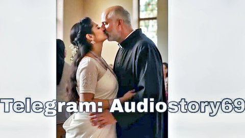 Indian woman in white saree passionately kissing bald priest in church