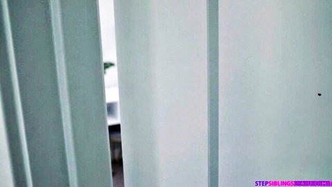 Empty white room with sheer curtains and step siblings watermark in adult video