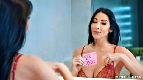 Brunette in red lace lingerie teases with sticky note in mirror