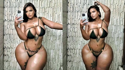Curvy ebony woman in black bikini flaunting huge tits and ass