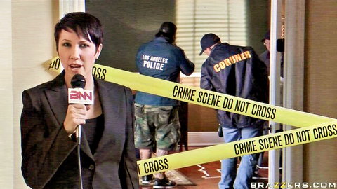 Asa Akira as sexy reporter at crime scene in Brazzers hot DP