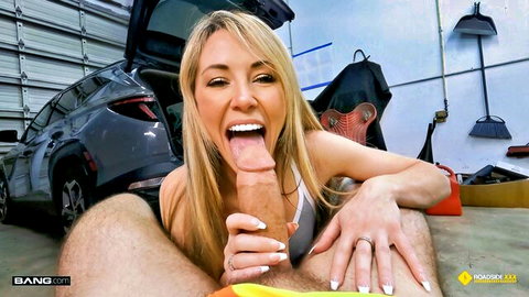 Ashley Tee blonde babe trades car service for sloppy blowjob