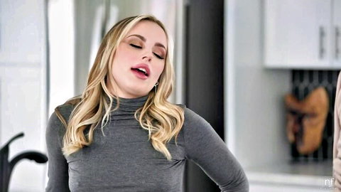 Anna Claire Clouds seductive pose in gray sweater, blonde beauty