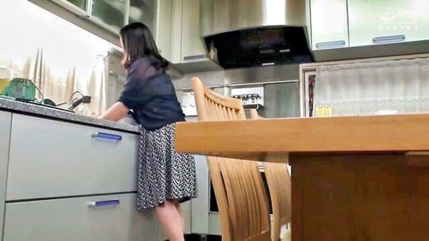 Japanese big tits housewife in sheer blouse and skirt at home