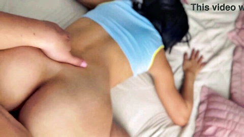 Asian step-sister big ass grabbed from behind in blue tank top