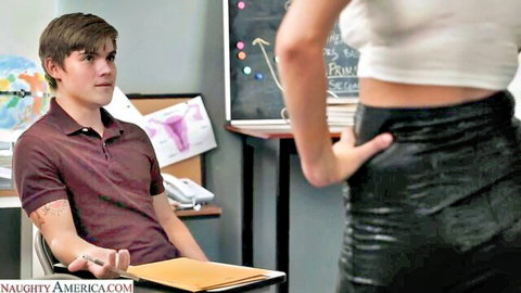 Hot teacher Jordan in crop top and leather skirt teases student