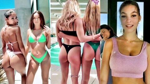 Hot teens with big asses in tiny thong bikinis posing poolside