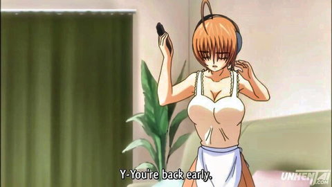 Surprised busty anime stepmom in apron caught masturbating hentai