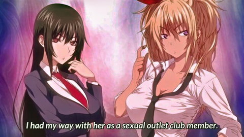 Anime girls in suits, one with black hair thoughtful, blonde ponytail showing deep cleavage in open shirt