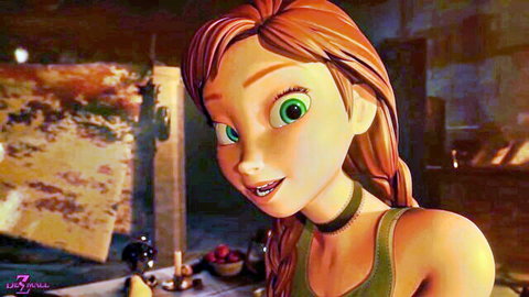 3D Anna from Frozen smiling in green tank top and choker, adult animation tease
