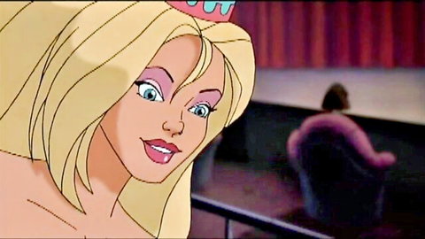 Animated blonde Stripperella smiling in sexy crown pose, 2003 XXX parody