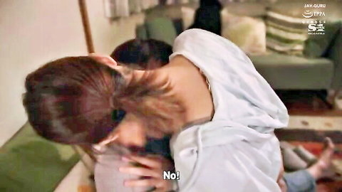 Tsukasa Aoi surprised in white hoodie, man grabbing from behind in JAV scene