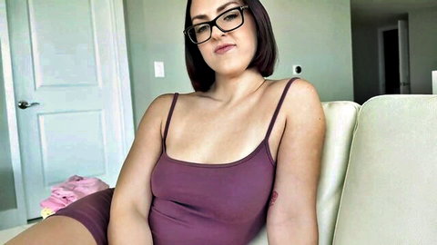 Lucy Lotus as caring big sister in purple camisole, seductive glasses look