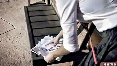 Jaye Summers in white blouse holding papers on bench in Pure Taboo forbidden scene