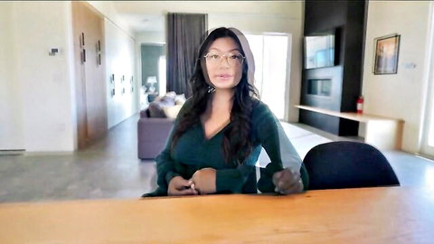 Cami Strella smiling in low-cut green top, teasing as hot step-mom