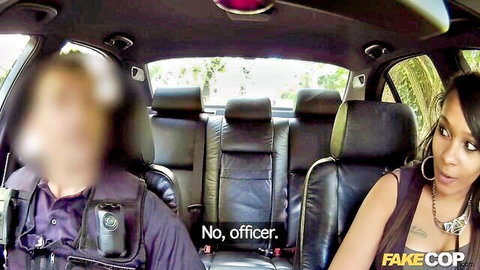 Ebony Channel Santos in dress seduced by fake cop in car backseat