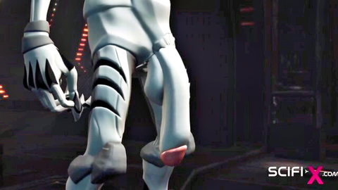 3D SciFi Alien in White Armor with Claws on Spaceship, Teasing Hard Fuck
