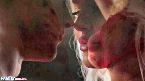Jenna Starr in passionate close-up kiss with blonde partner