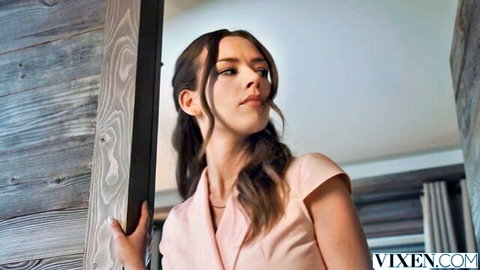 Eve Sweet in pink off-shoulder top, sultry gaze from orgy scene