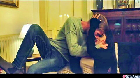 Yasmina Khan giving intense blowjob to man on couch