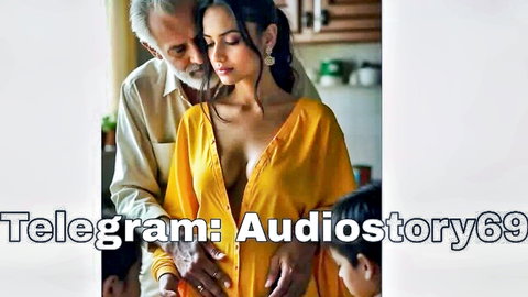Older man embraces long-haired Indian beauty in low-cut yellow dress, intimate hug