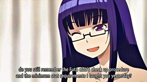Smiling purple-haired anime futanari girl with glasses in Futa Club check-up