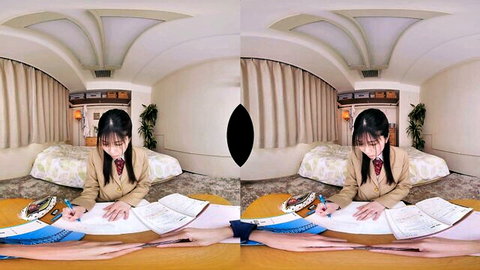Cute Asian schoolgirl in uniform flashes white panties while studying at desk