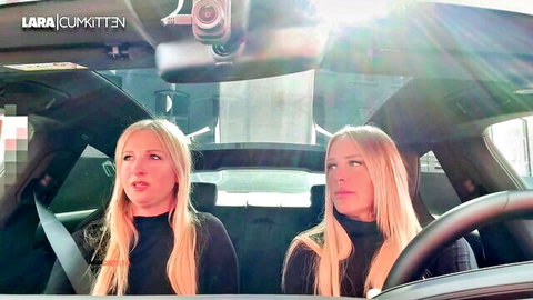 Twin blonde babes Lara Cumkitten teasing seductively in car seats with POV camera