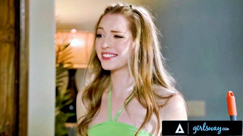 Myra Moans smiling in green halter top, seductive blonde stepdaughter