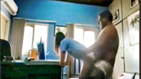Muscular black janitor fucking young woman doggy style in office