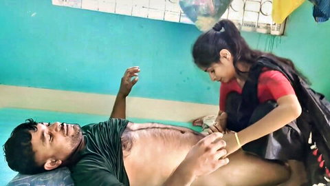 Hot Indian desi woman in red top ravaging shirtless man in homemade anal scene