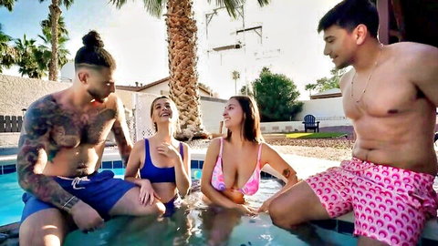 Hailey Rose & Molly Little in bikinis with tatted & muscular guys in hot tub