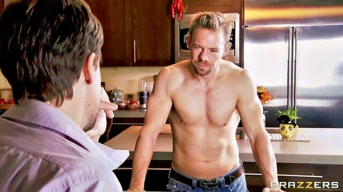 Shirtless muscular man confronted by suited guy in kitchen - Ava Addams Missy Martinez cheater scene