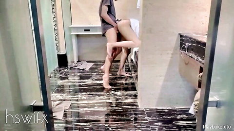 Indonesian amateur wife bent over sink for doggy style sex in steamy bathroom