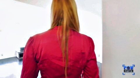Lauren Phillips blonde ponytail in red satin blouse from behind POV
