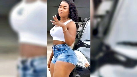 Curvy ebony babe flaunting huge ass and thick thighs in tiny denim shorts by car