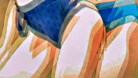 Hentai girls' plump asses and thick thighs in tight blue shorts from behind teasing view