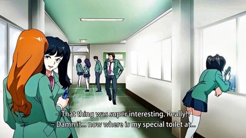 Hentai schoolgirl with orange hair bends over showing white panties upskirt in school hallway.