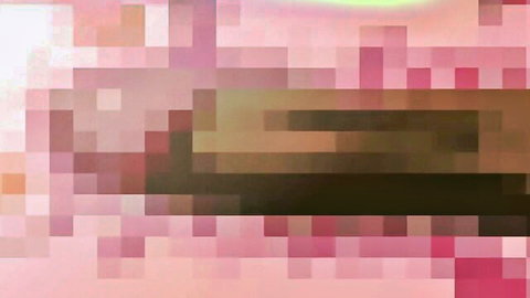 Heavily pixelated pink hentai scene with abstract glowing shapes and erotic tones